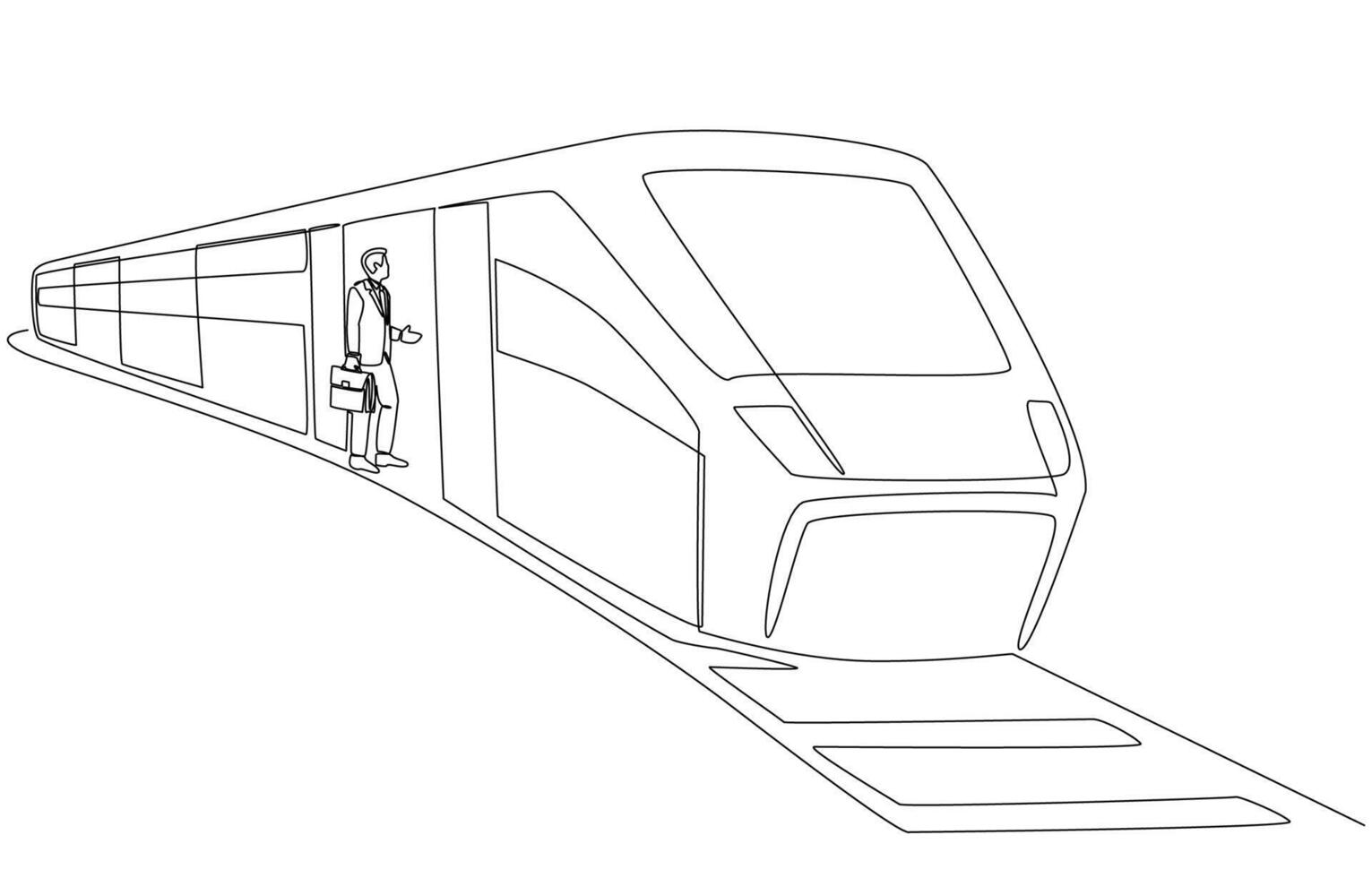 Continuous one line drawing of office worker walking onto subway train, commuting to work by public transport concept, single line art. vector