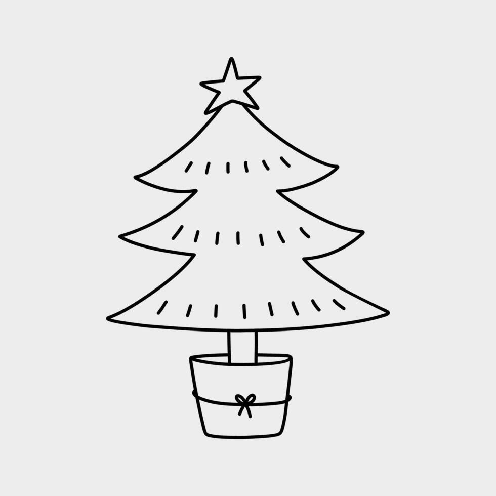 Cute decorated Christmas tree isolated on a white background. hand-drawn illustration in doodle style. Perfect for holiday designs, cards, decorations, logo. vector