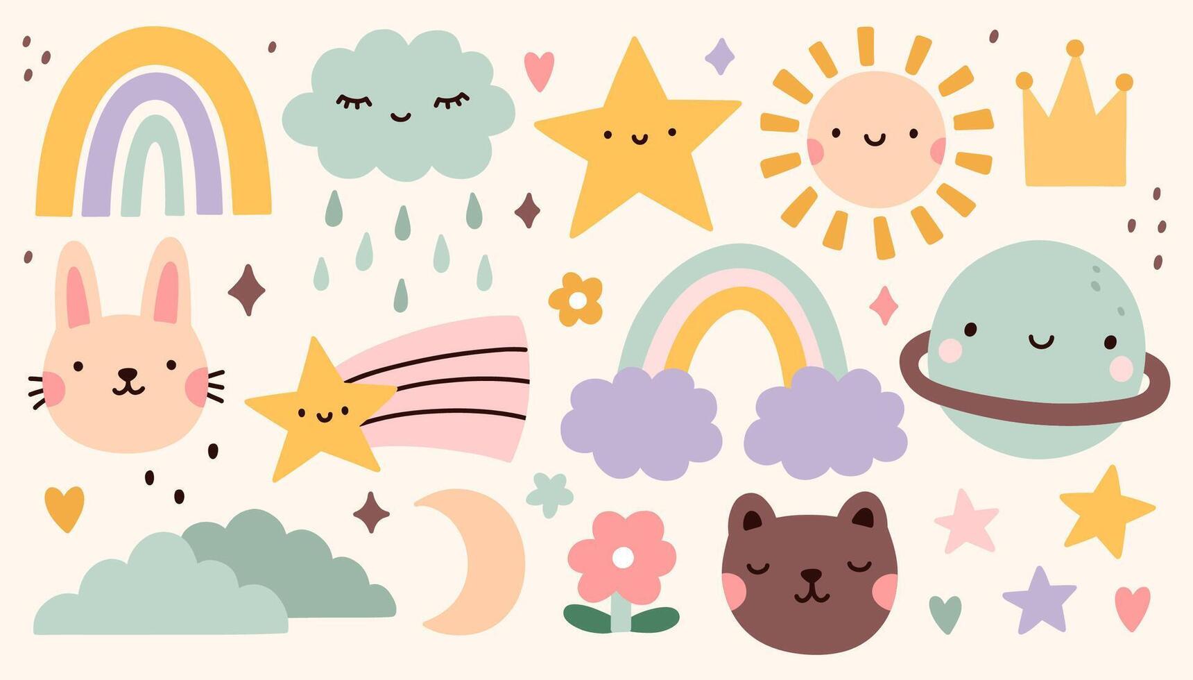 A set of cute children's doodles - rainbow, stars, clouds, sun, animals and other. hand-drawn illustration in flat style. Perfect for decorations, print, various designs. vector