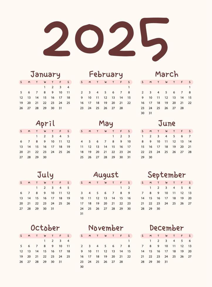 Cute calendar for 2025, week starts on Sunday. Vertical annual calendar template for printing. Perfect for kids nursery, home or office decor. Schedule for planning, organization. vector