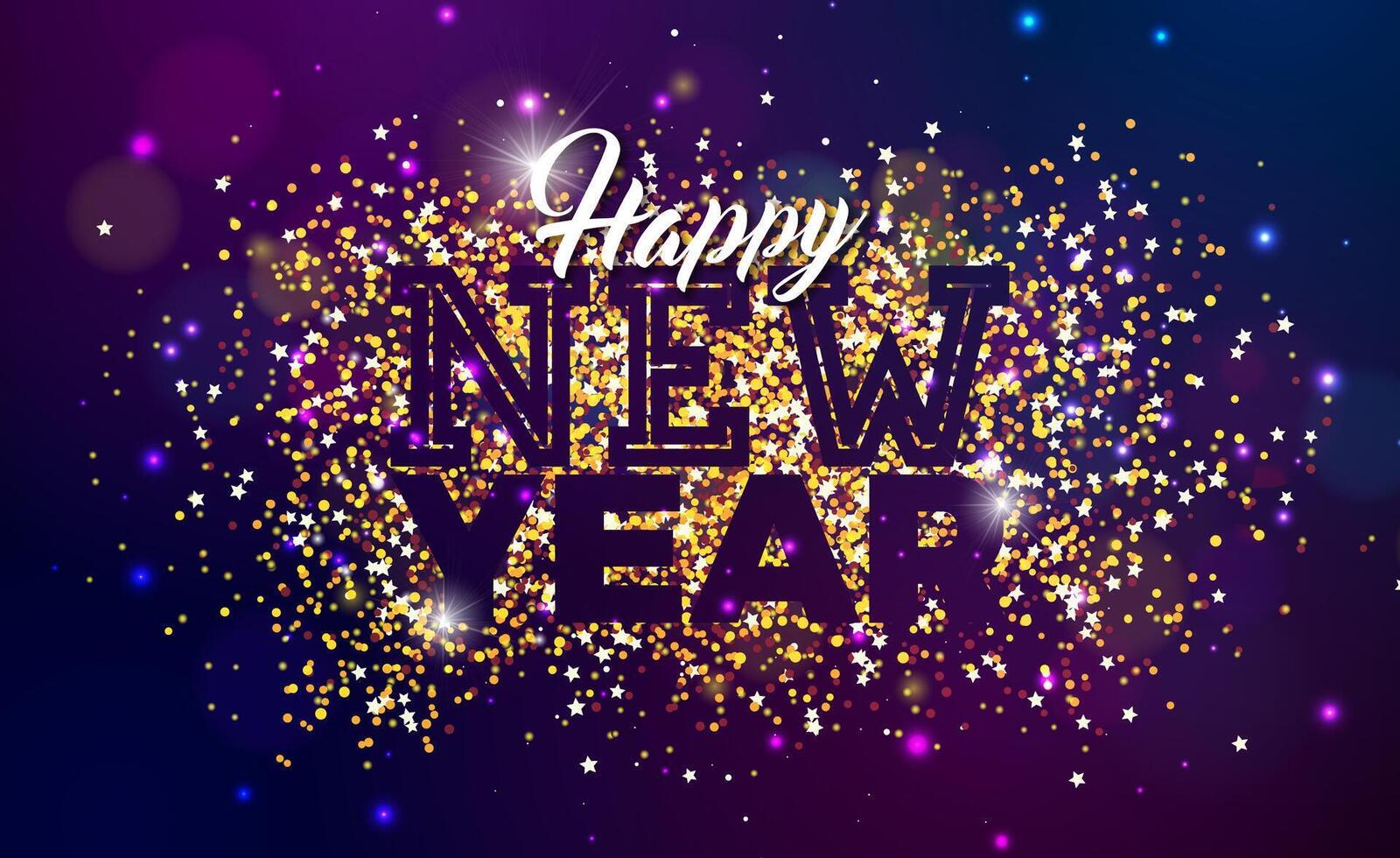 2025 Happy New Year Illustration with Gold Glittered Typography Lettering and Falling Confetti on Shiny Background. Christmas Holiday Design for Flyer, Greeting Card, Banner, Celebration Poster, Party vector