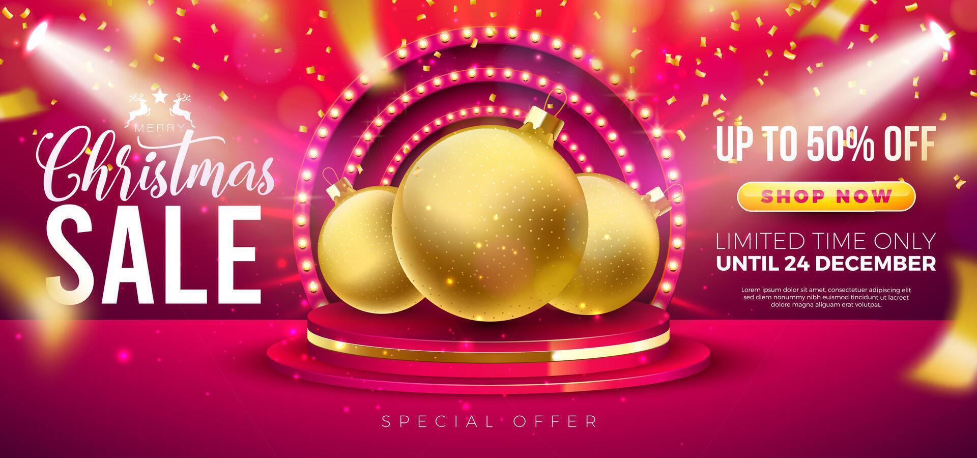 Christmas Sale Design with Ornamental Ball, Stage Podium and Light Bulb Billboard on Red Background. Holiday Business Illustration with Special Offer Typography Elements for Coupon, Voucher vector
