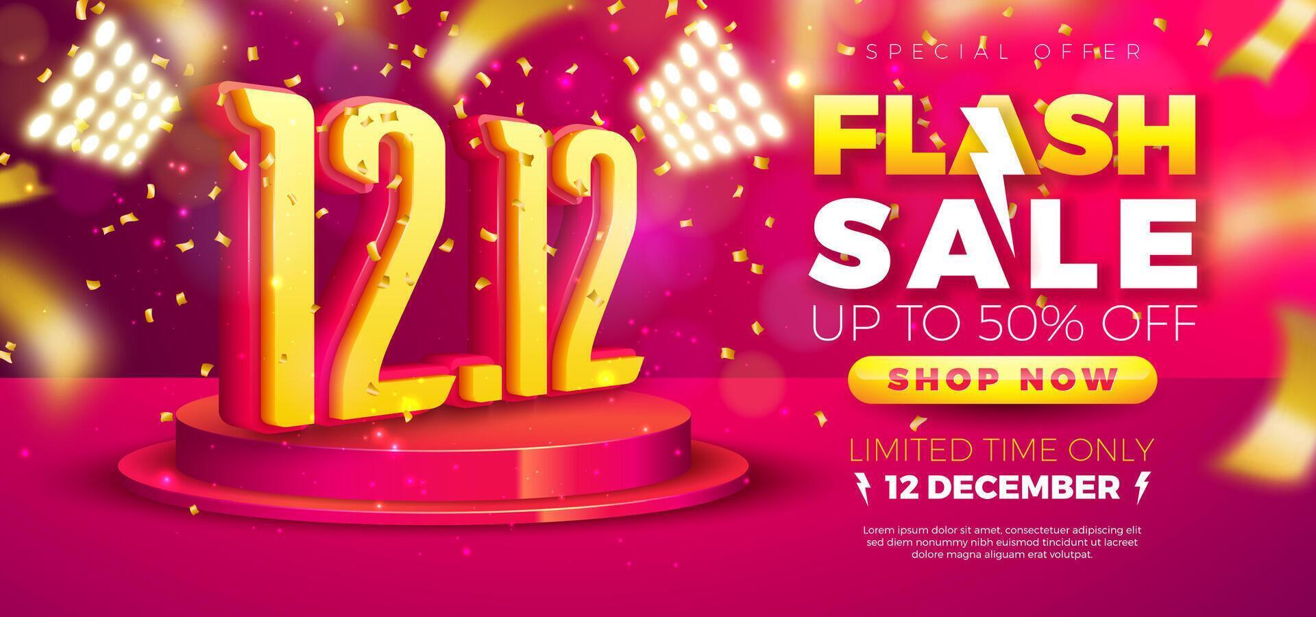 12 December Shopping Day Flash Sale Design with 3d 12.12 Number, Light Bulb Billboard and Stage Podium on Red Background. Special Offer 50 Percent Off Campaign Discount Illustration for Coupon vector
