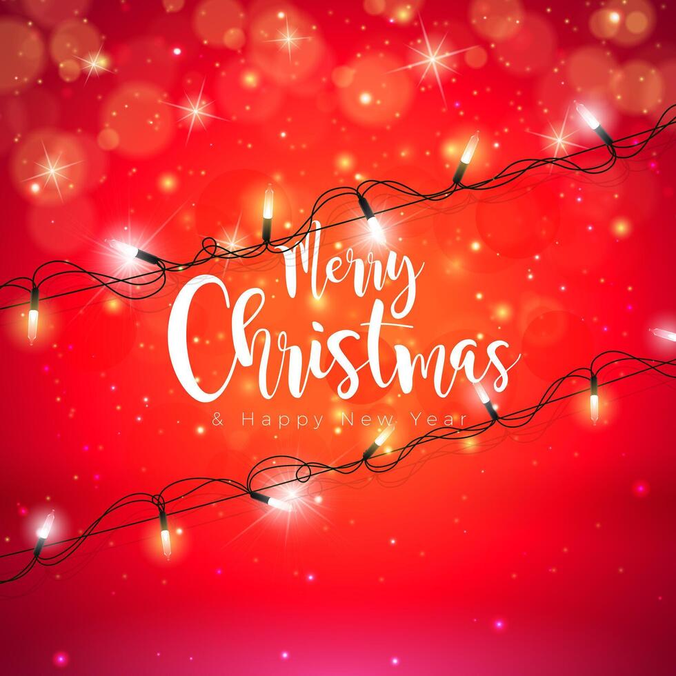 Merry Christmas and Happy New Year Illustration with Lights Garland and Typography Lettering on Red Background. Holiday Season Banner Design for Greeting Card, Party Flyer, Celebration Poster vector