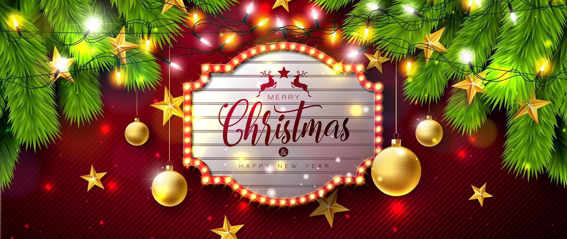 Merry Christmas and Happy New Year Banner with Light Bulb Billboard, Fir Branch and Ornaments on Red Background. Holiday Season Design for Greeting Card, Party Flyer, Celebration Poster and vector