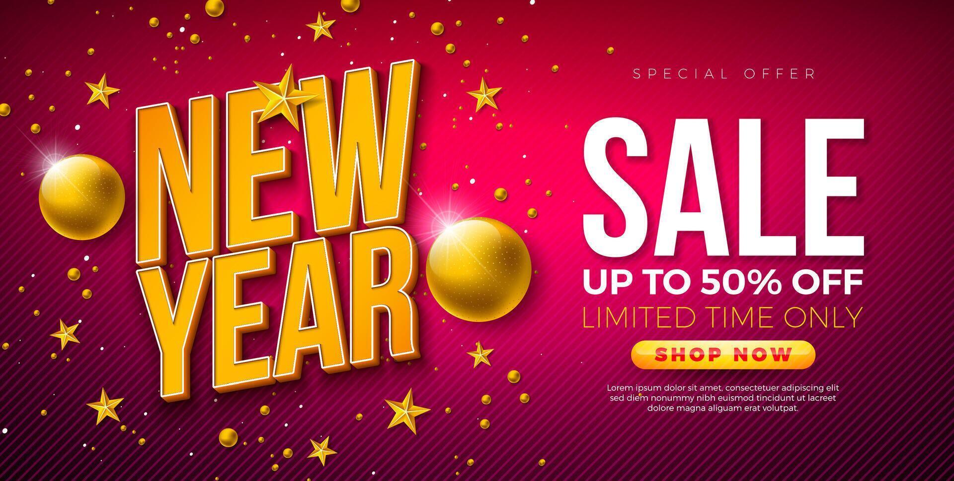 Happy New Year Sale Design with 3d Typography Lettering and Gold Christmas Ball on Red Background. Holiday Special Offer Campaign Discount Illustration for Coupon, Voucher, Banner, Flyer, Promotional vector