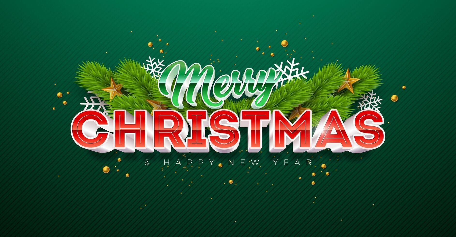 Merry Christmas and Happy New Year Banner with Fir Branch and 3d Typography Lettering on Green Background. Holiday Season Banner Design for Greeting Card, Party Flyer, Celebration Poster and vector