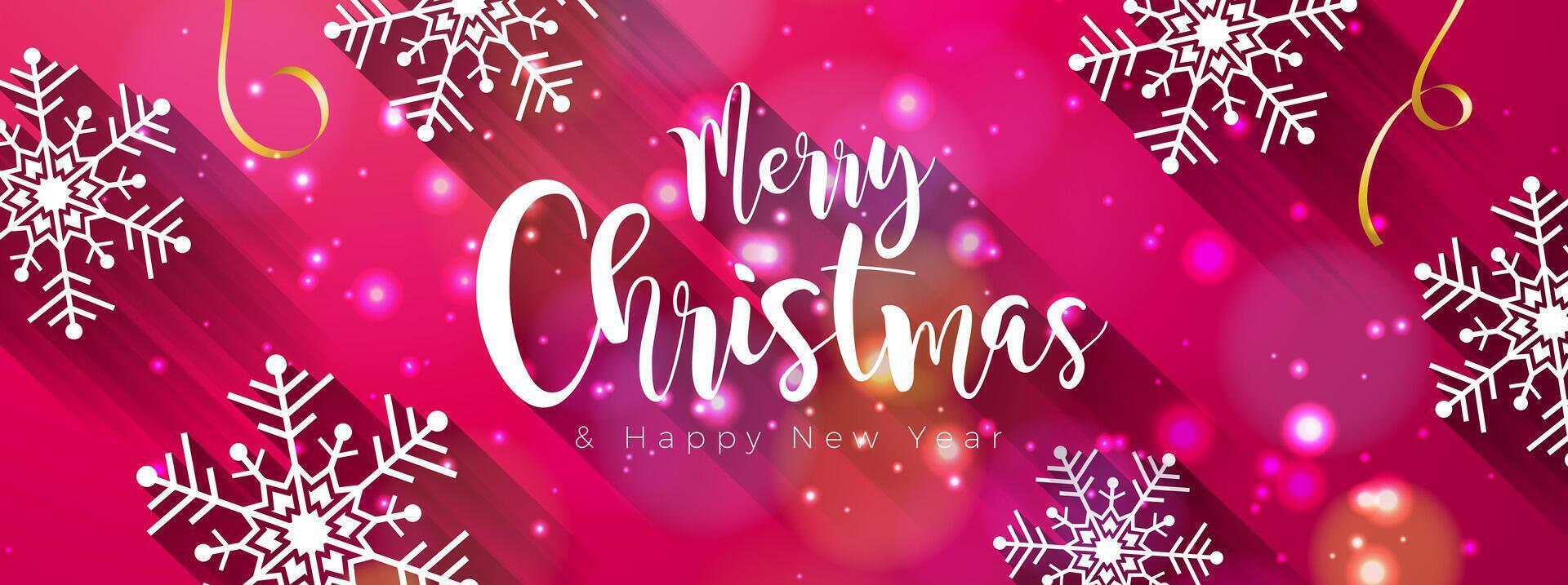 Merry Christmas and Happy New Year Illustration with Snowflake and Typography Lettering on Red Background. Holiday Season Banner Design for Greeting Card, Party Flyer, Celebration Poster and vector