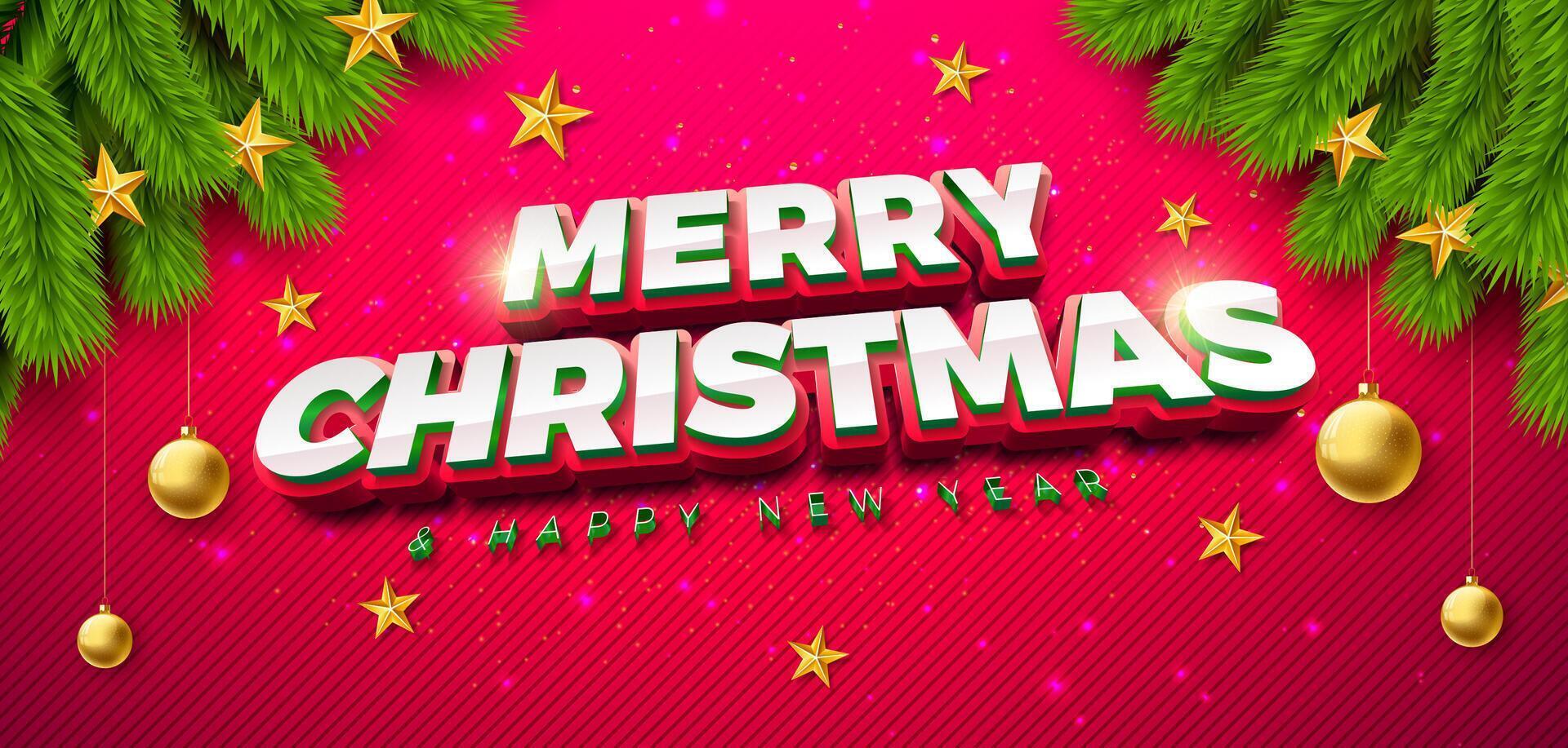 Merry Christmas and Happy New Year Banner with Fir Branch and 3d Typography Lettering on Red Background. Xmas Holiday Season Banner Design for Greeting Card, Party Flyer, Celebration Poster and vector
