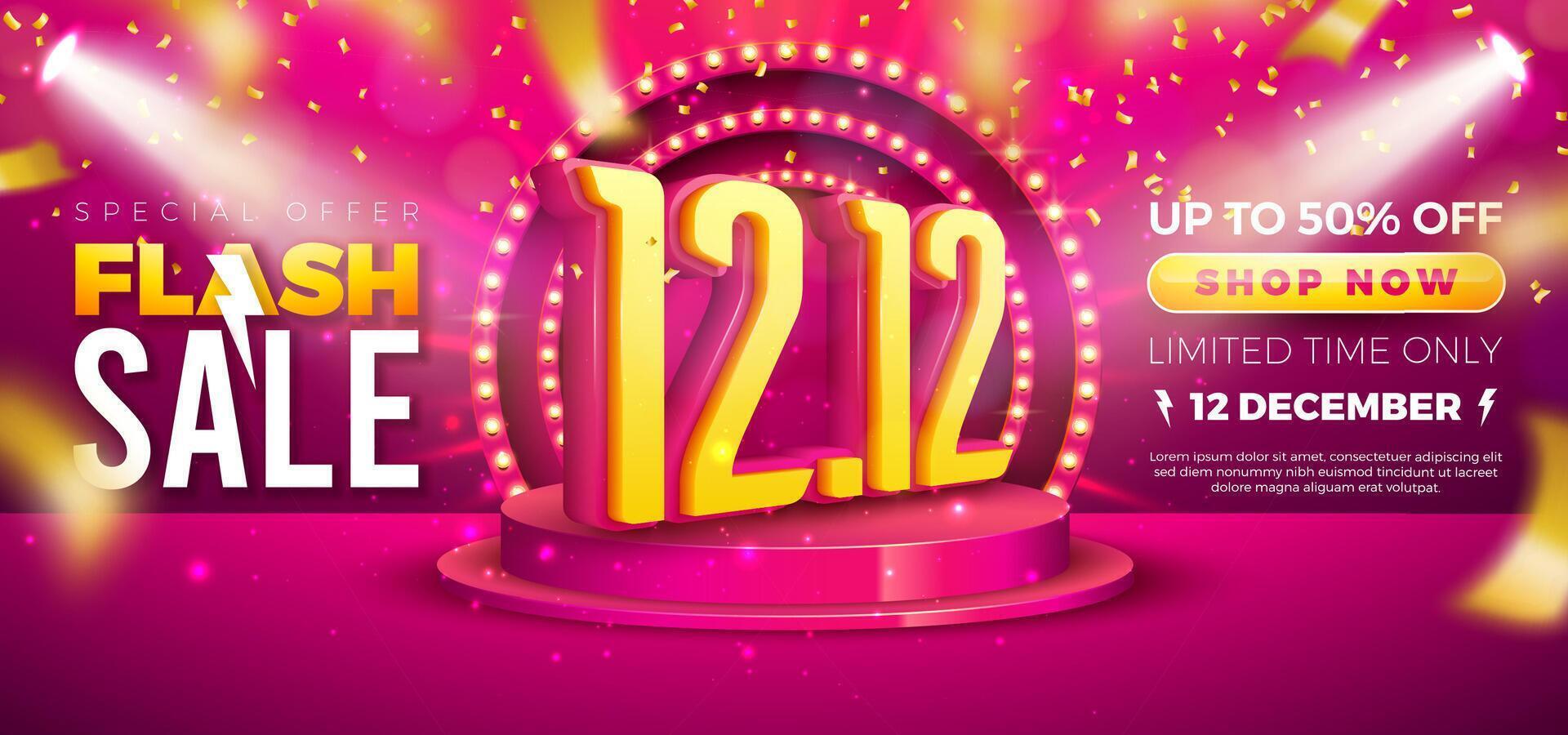 12 December Shopping Day Flash Sale Design with 3d 12.12 Number, Light Bulb Billboard and Stage Podium on Red Background. Special Offer 50 Percent Off Campaign Discount Illustration for Coupon vector