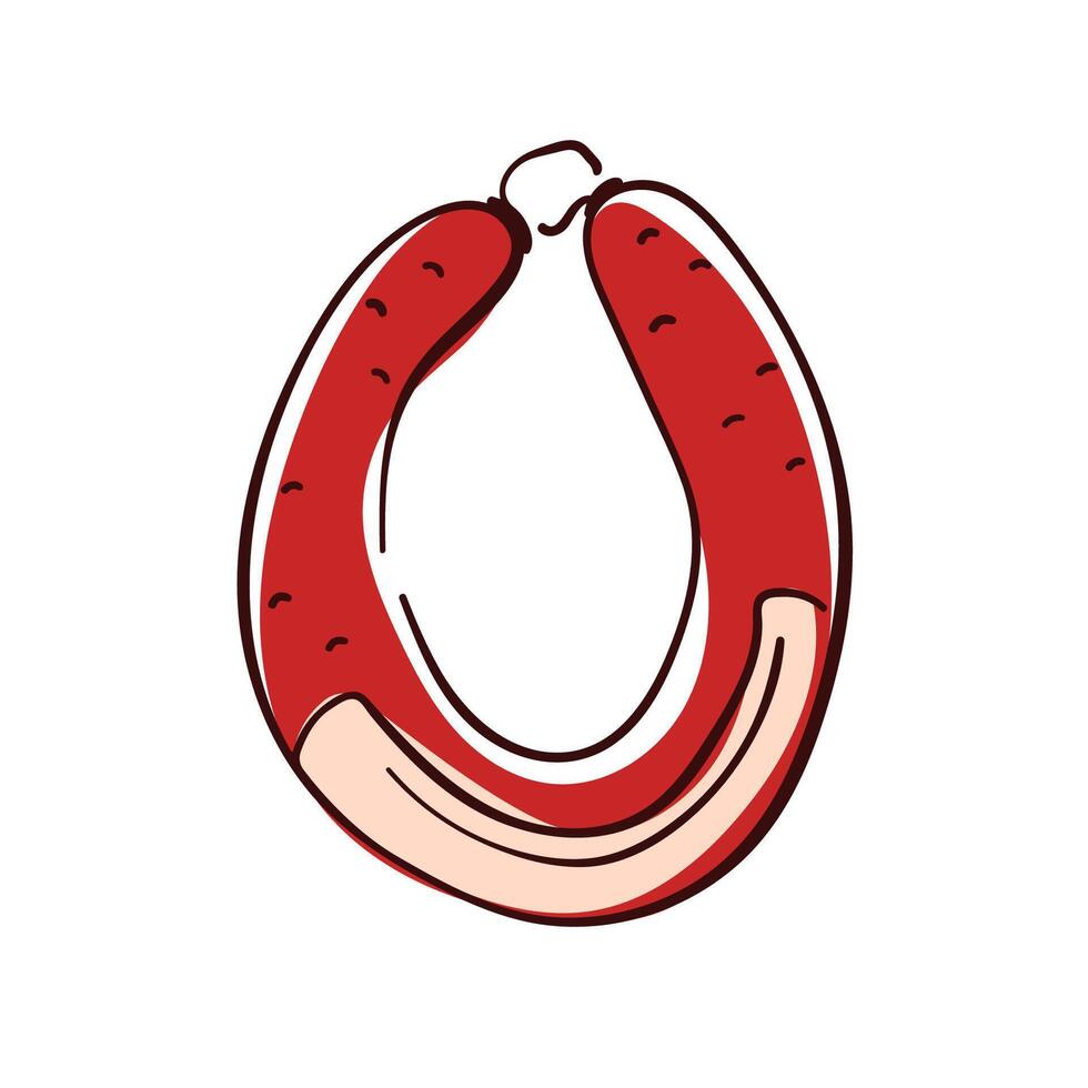 Traditional sausage ring in flat style. Salami design for culinary, barbecue or market. Isolated on white background. vector