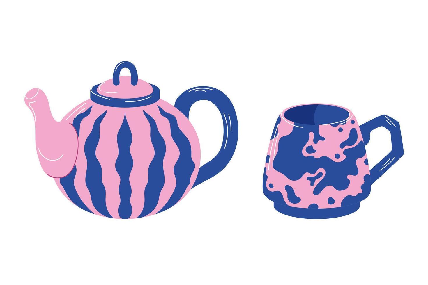 Stylish teapot and cup in pink and blue color with striped and abstract design in flat style. Perfect for kitchen decor, tea and coffee related content. vector