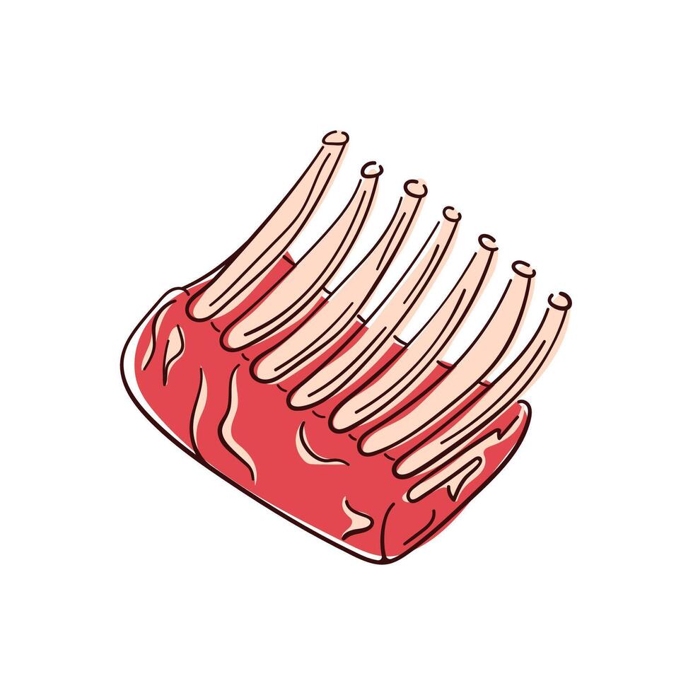 Raw rack of lamb meat with ribs, detailed in red and bone colors in flat style. Perfect for culinary, butcher shop or barbecue related design. vector