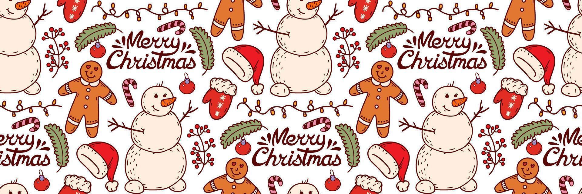 Christmas doodle pattern with snowman and gingerbread cookies. Hand drawn lettering, Santa hat and mittens. Festive winter doodle background. illustration for holidays, wrapping paper packaging vector
