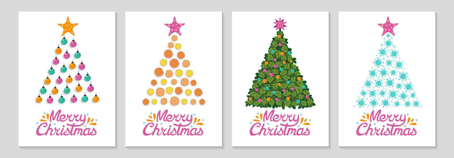 Christmas posters set. Greeting cards with Christmas tree made of balloons, tangerines, snowflakes and fir branches. Merry Christmas lettering. Simple New Year posters design set. illustration. vector