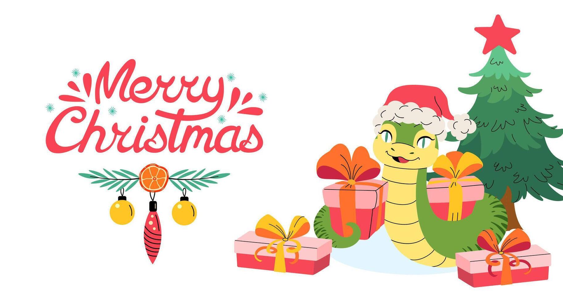 Merry Christmas greeting banner with snake and gifts. Cute character snake is symbol of new year, lettering and Christmas tree. Winter holiday horizontal background. flat illustration. vector