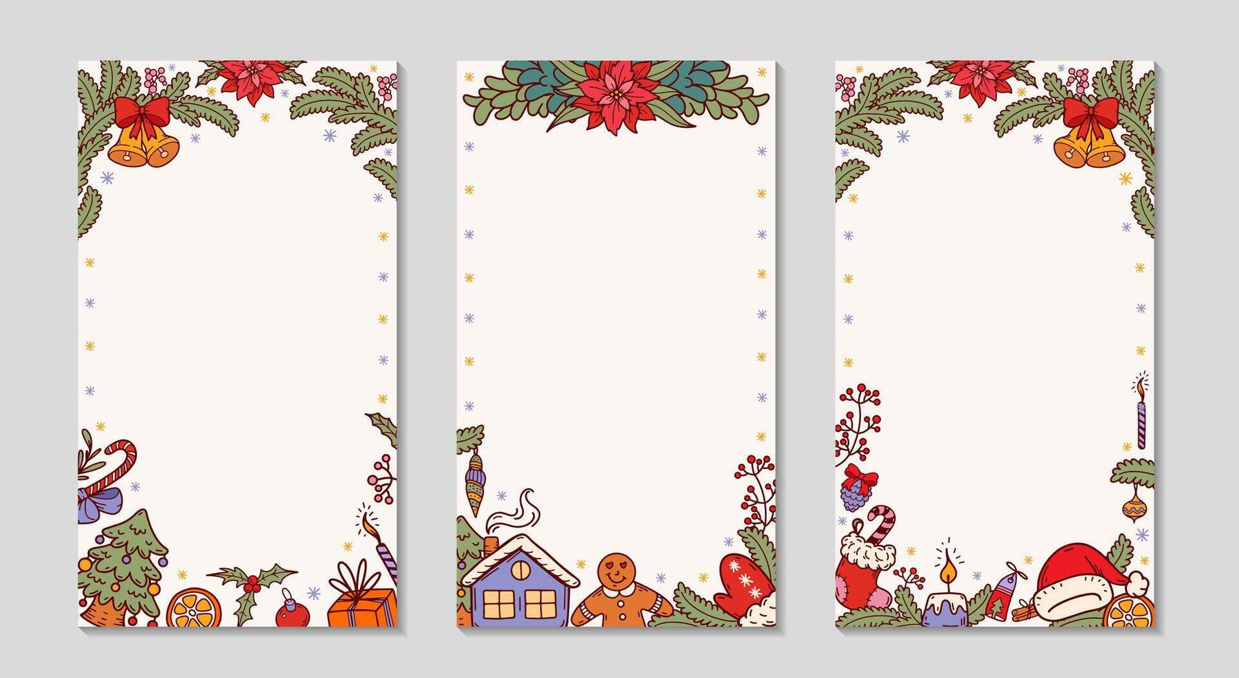 Christmas frame. For Social media long greeting post. Background with fir branches, gingerbread cookies, Christmas gifts and bells. Holidays vertical text templates set. doodle illustration. vector
