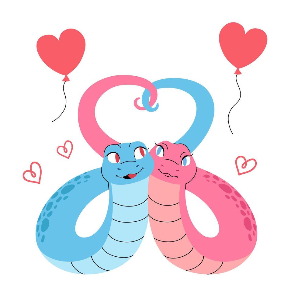 Couple of snakes in love. Character is symbol of Chinese New Year. Valentine's day illustration. Balloons hearts, scribble hearts. Suitable for greeting card, calendar, packaging. vector