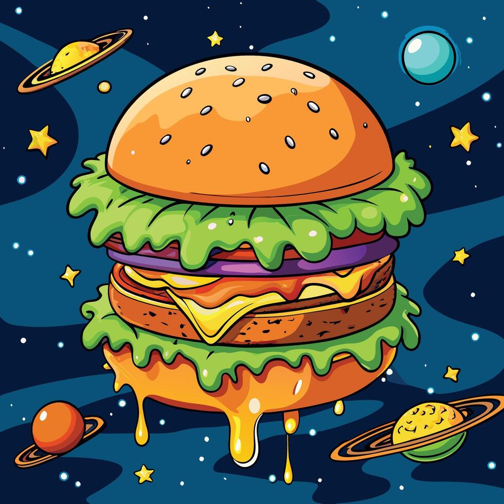 A hamburger is flying over the planet illustrations vector