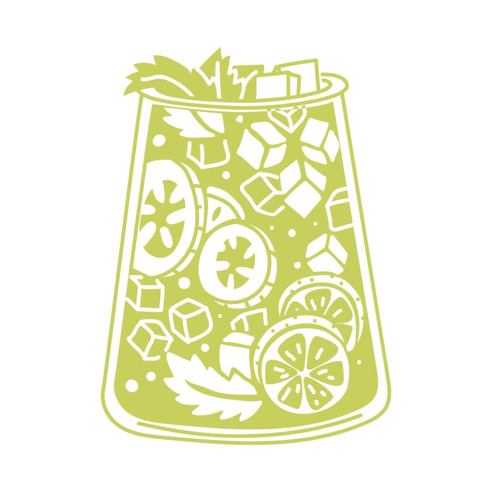 A glass of cool green lemonade with mint, cucumber and lemon. A summer transparent, cool drink in a flat style on a white background. A glass glass with a refreshing drink. Isolated light illustration vector
