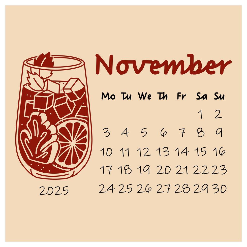 November calendar design for 2025 with a glass of cold grapefruit juice with ginger and mint. autumn month. painted calendar planner in a minimalistic style, an annual organizer. Numbers for every day vector
