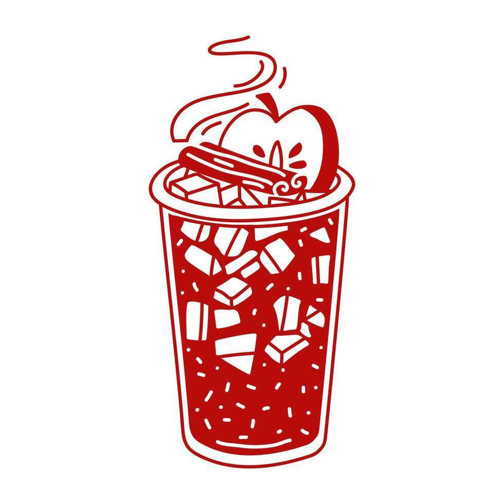 glass of hot apple punch with apple slices and a stick of cinnamon. Autumn transparent vitamin drink of red color in flat style. Non-alcoholic cocktail on a white background. Contrasting illustration vector