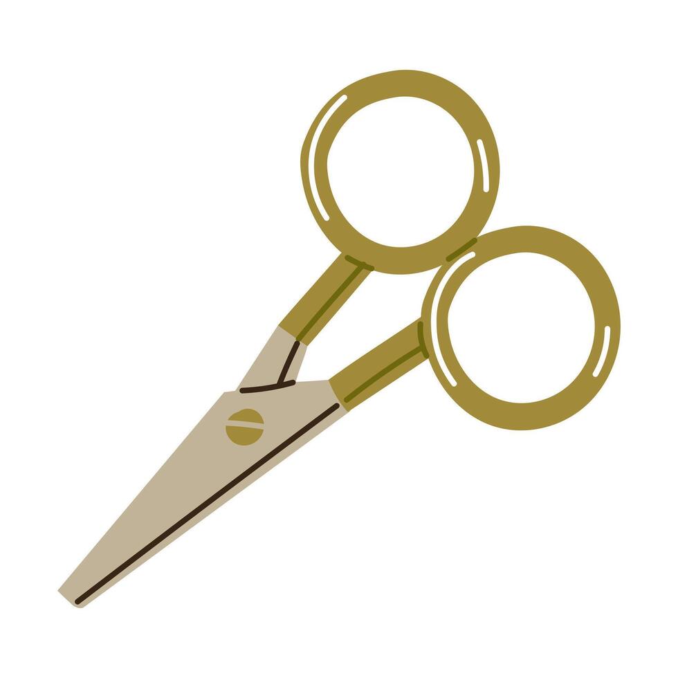 Scissors for cutting threads. Hand-drawn flat embroidery patterns with short blades allow you to trim the threads neatly. Illustration for herbarium, scrapbooking, insulated iron with green handles vector