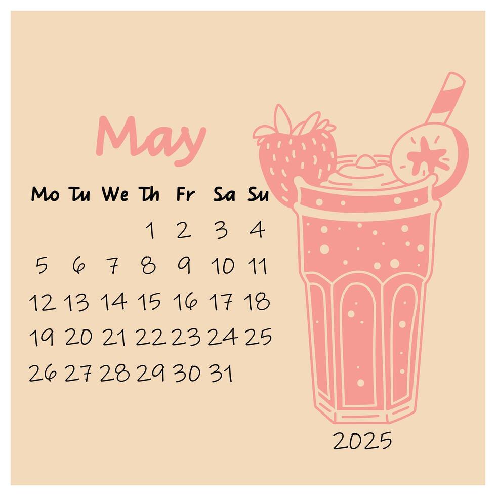 May calendar design for 2025 with a glass of pink Strawberry smoothie with banana. The spring month. A painted calendar planner in a minimalistic style, an annual organizer. Numbers for every day vector