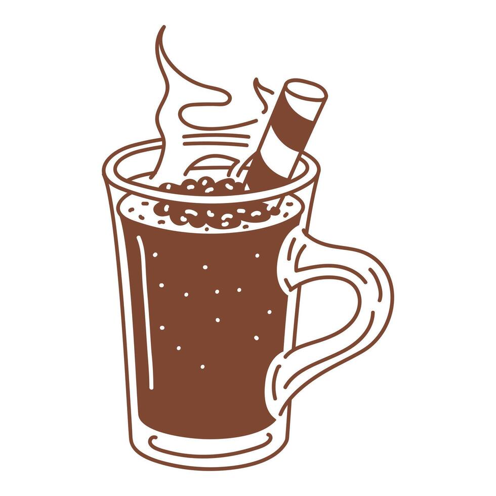 Brown mug with Egg-nog chocolate Christmas drink, chocolate tube, cocoa, steam. flat-style Christmas warming drink alone. Sweet non-alcoholic cocktail for celebrating winter holidays isolated on white vector