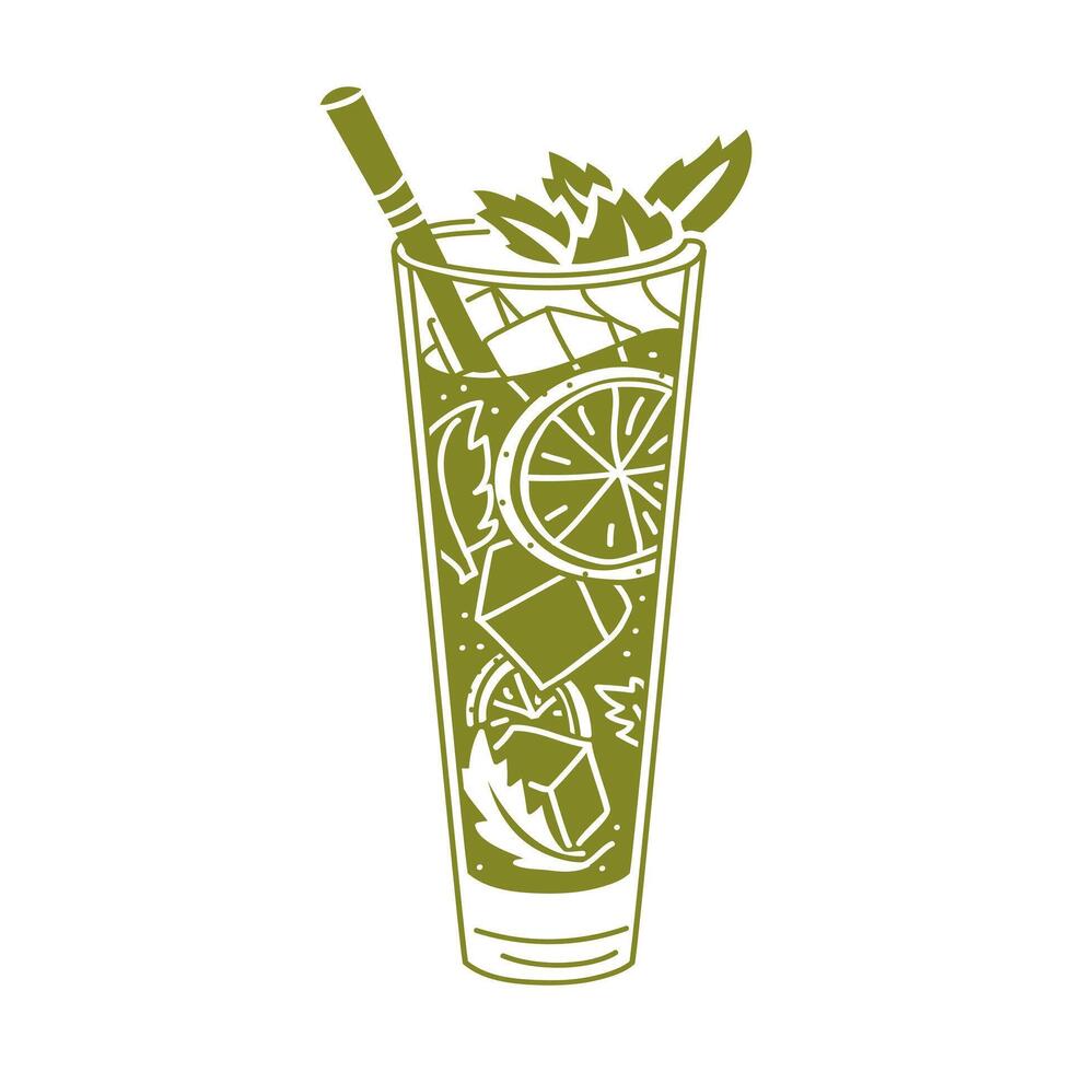 A glass of cold green mojito with lime, mint and a straw. A spring soft drink with pieces of fruit in a flat style on a white background. A glass glass with a refreshing drink. Isolated illustration vector