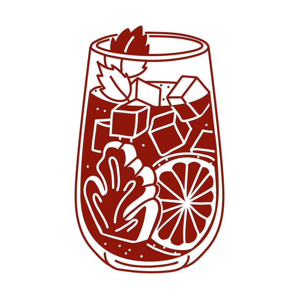 A glass of cold grapefruit juice with ginger, mint and ice cubes. A cooling autumn drink with vitamins. Cocktail of red, burgundy color in a flat style isolated on white. Contrasting illustration vector