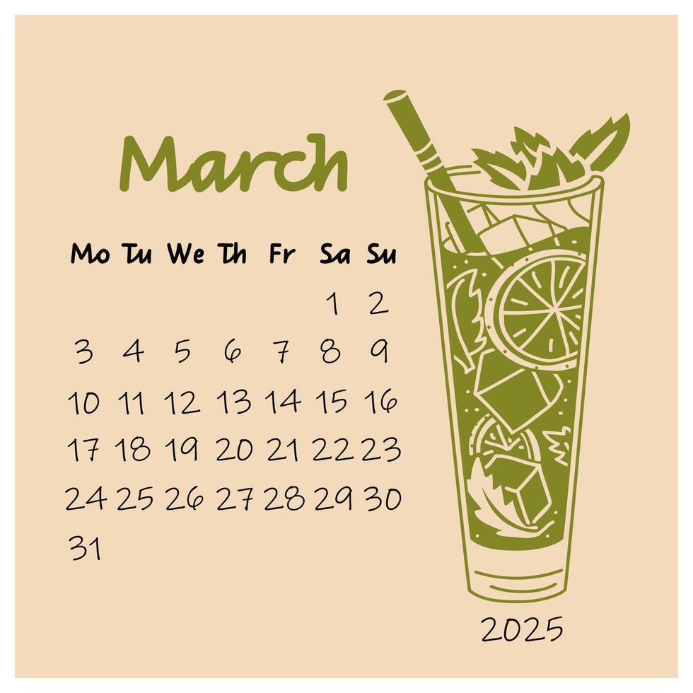 design of the March calendar for 2025 with a glass of cold mahito with lime and mint. The spring month. A painted calendar planner in a minimalistic style, an annual organizer. Numbers for every day vector