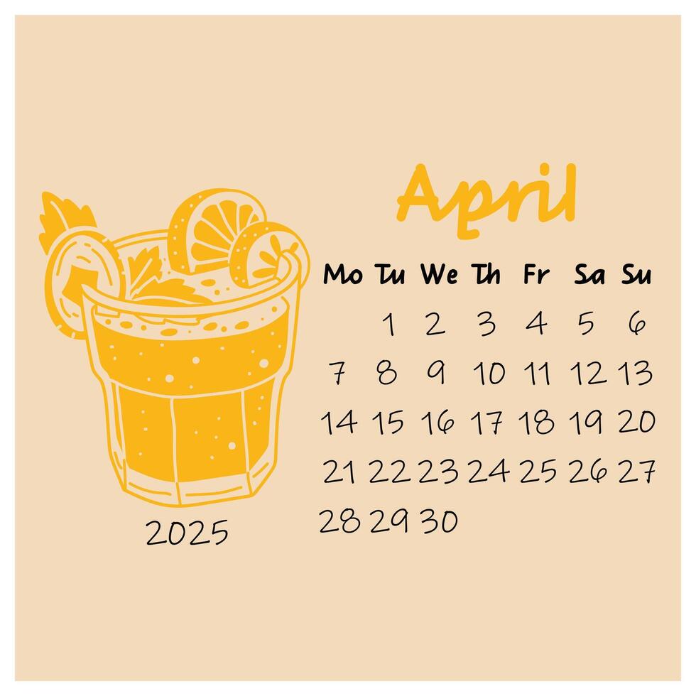 April calendar design for 2025 with a glass of carrot-banana smoothie with orange. The spring month. A painted calendar planner in a minimalistic style, an annual organizer. Numbers for every day vector