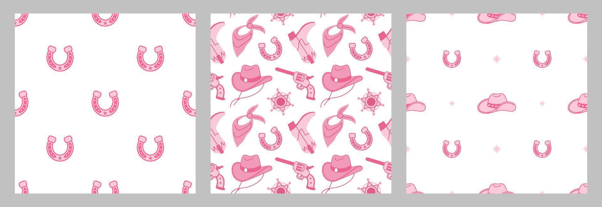 Cowboy western and wild west theme seamless patterns set. illustration, white background. Pink core horseshoe and Cowboy hat. Cartoon style. Wild west textures collection vector