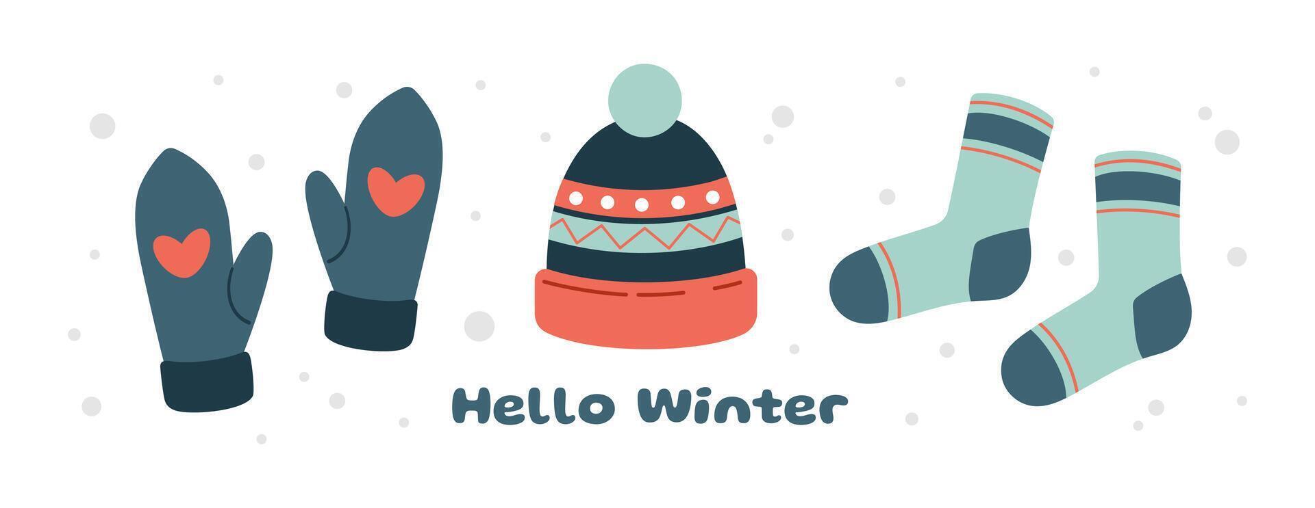 Winter clothes set. Knitted accessories for winter and autumn. Hat, mittens, socks. Winter woolen clothes collection. Warm outerwear in blue and coral colors. Lettering Hello winter. vector