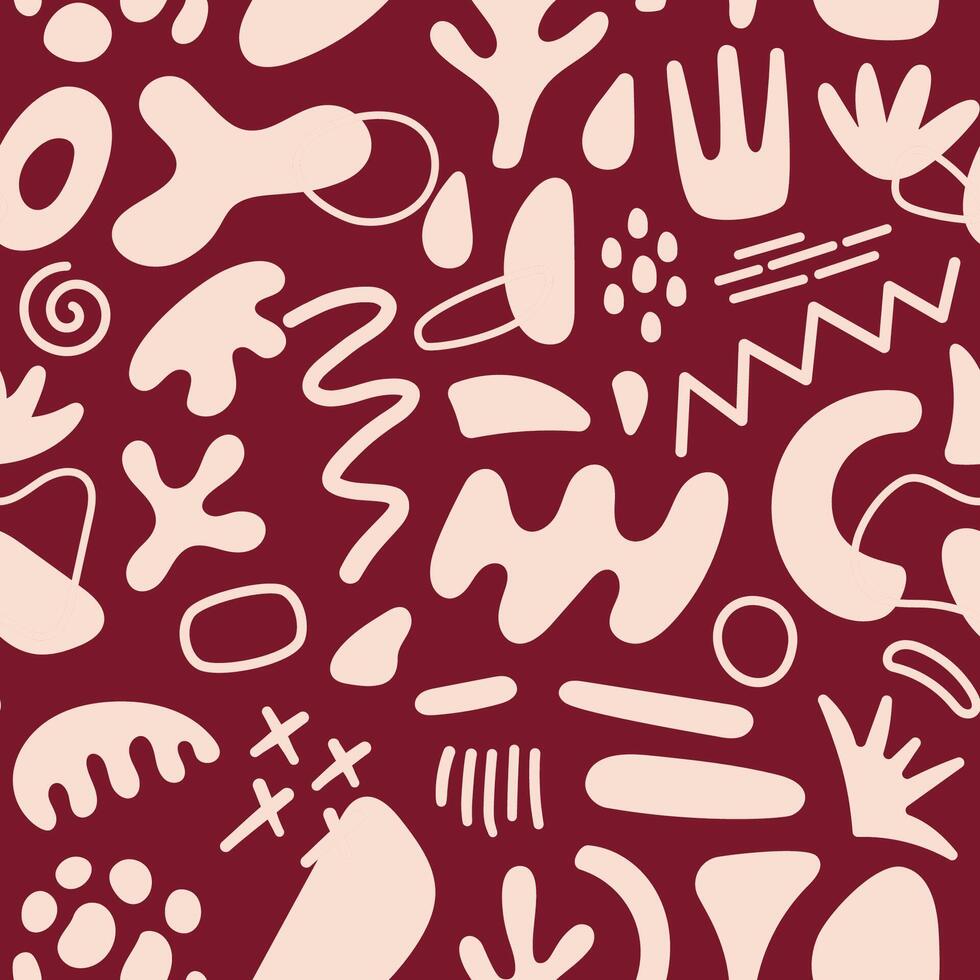 Abstract geometric shapes seamless pattern. Hand drawn various shapes and doodle objects. Abstract contemporary modern style pattern. Trendy burgundy illustration. Stamp texture. vector