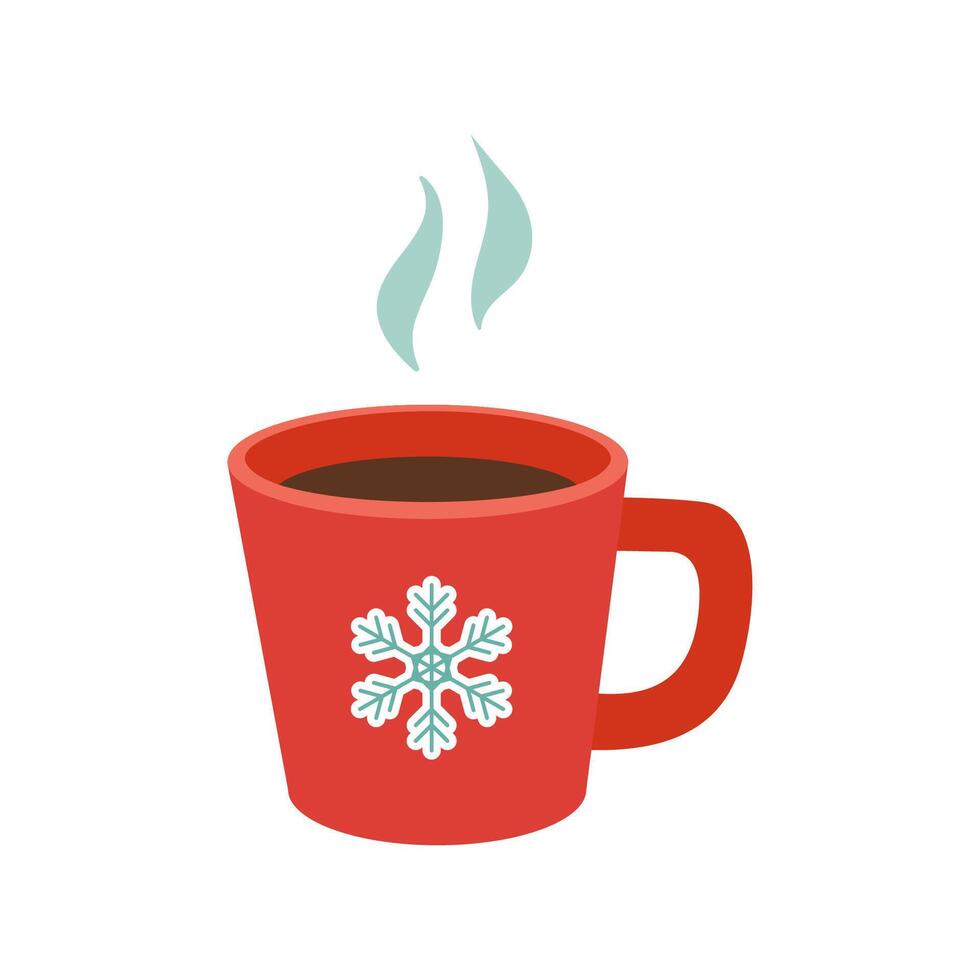 Hand drawn Christmas drink in red mug with snowflake and steam on it. Winter hot beverage icon. Cup of cocoa sticker. illustration. vector
