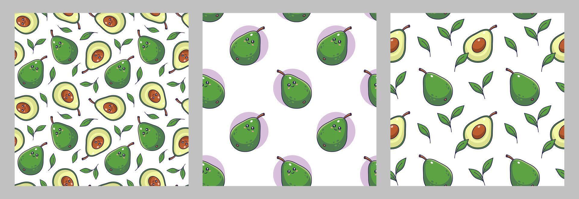 Cute Kawaii Avocado character whole and cut seamless patterns set. hand drawn illustration. Avocado character in Cartoon manga style. Avocado pattern collection vector