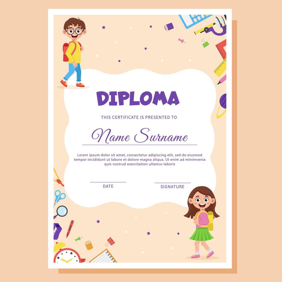 Diploma with school concept. Diploma template with school supplies and schoolchildren. vector