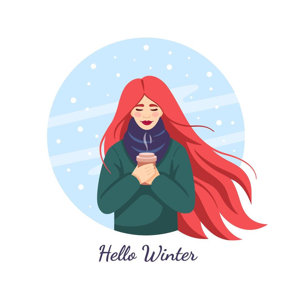 Redheaded Woman with paper cup of coffee in winter time. Winter vibes. Hello winter. Takeaway coffee concept. postcard illustration. Girl enjoys aroma of coffee on winter day. Flat design vector