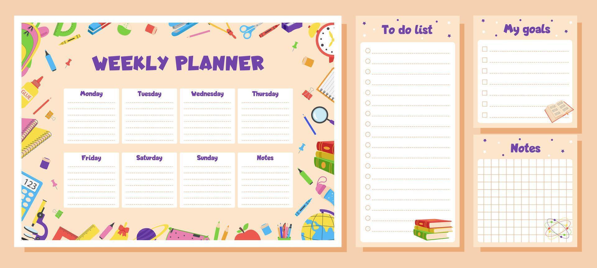 Weekly planner, to do list, notes, goals for children. School timetable, lesson schedule and organizer template with school supplies. vector