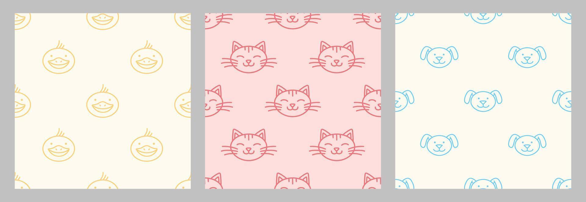 Cat, dog, duck face, muzzle patterns set. Kids textures in doodle style for designing baby clothes. Hand drawn seamless pattern with cartoon characters. Bohemian nursery prints collection. vector