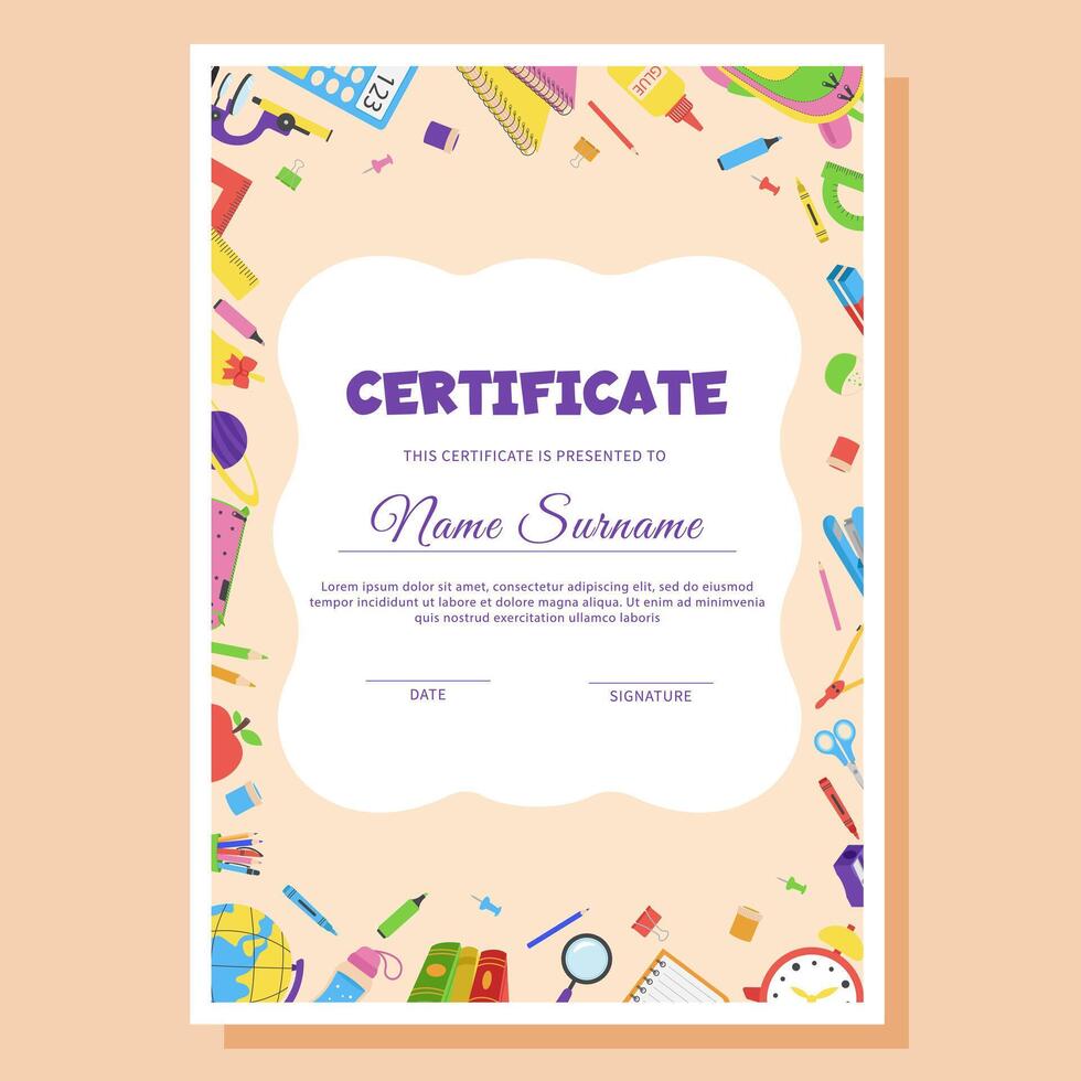 School certificate template with school supplies. vector