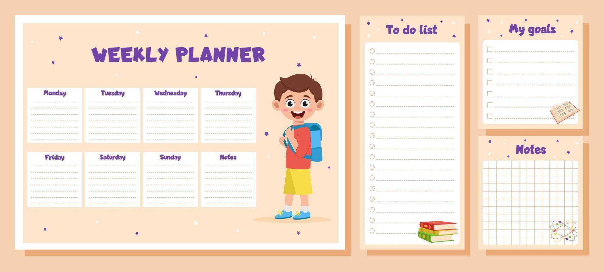 School timetable. Weekly planner, to do list, notes, goals for children. vector