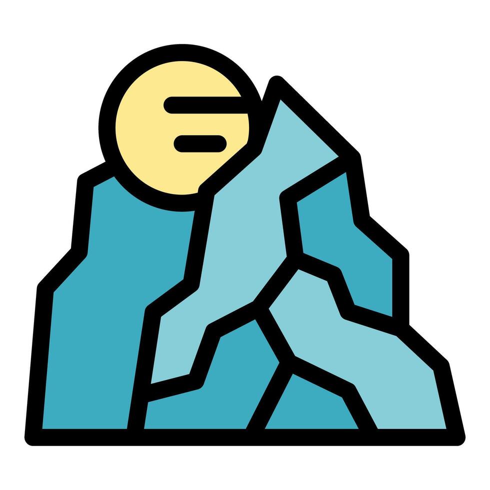 Sun shining over snowy mountain peak, simple icon illustration vector