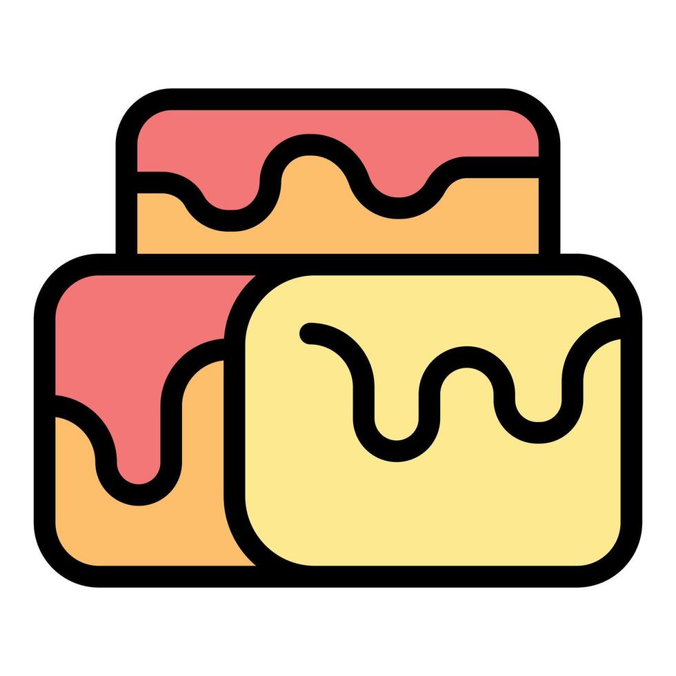 Two tiered cake dripping with pink and yellow frosting vector