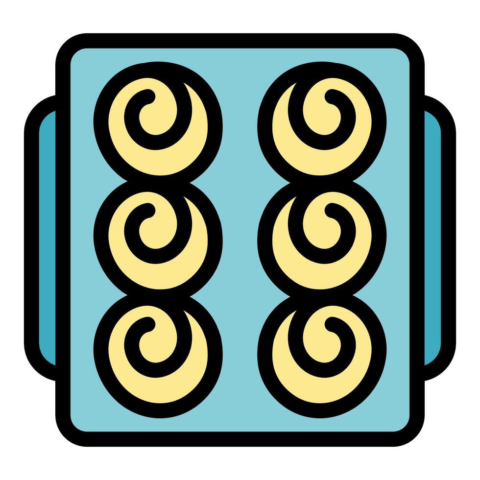 Baking tray holding six delicious round pastries with swirls, ready for the oven vector