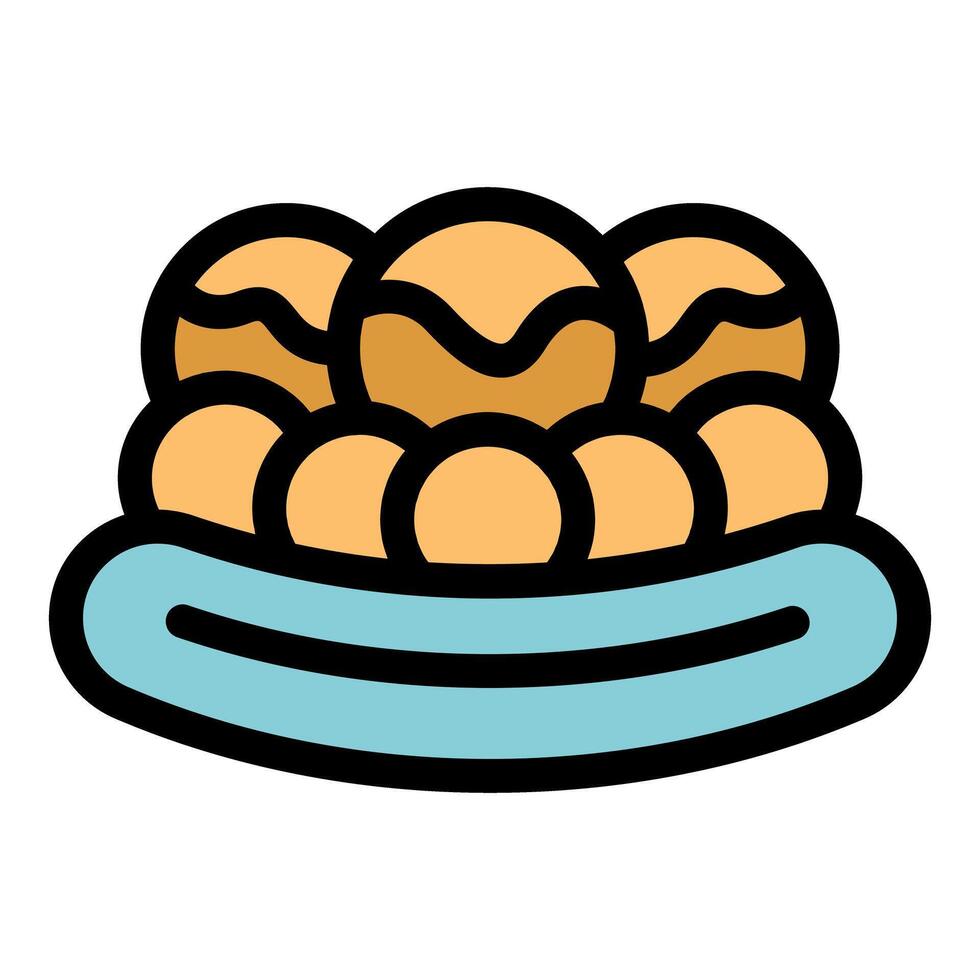 Delicious takoyaki balls with takoyaki sauce in a blue boat shaped plate vector