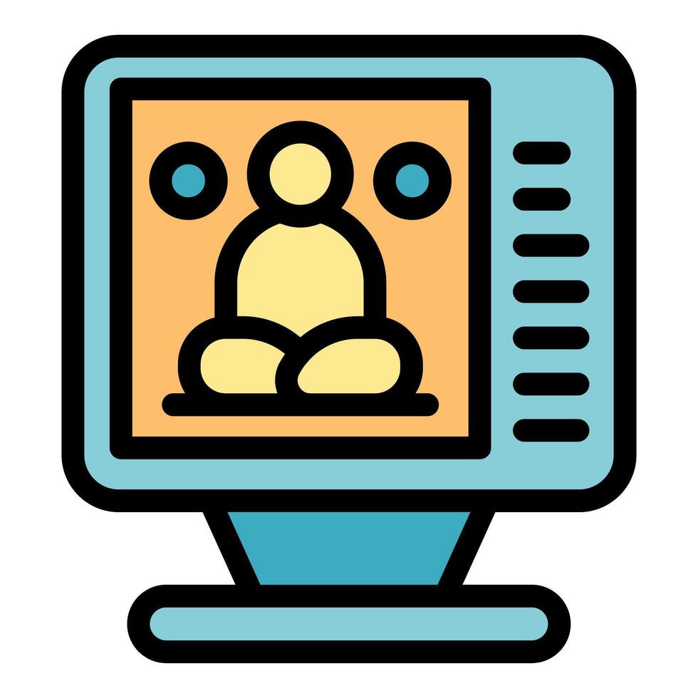 Computer screen showing meditating person icon, relaxing with online meditation app vector