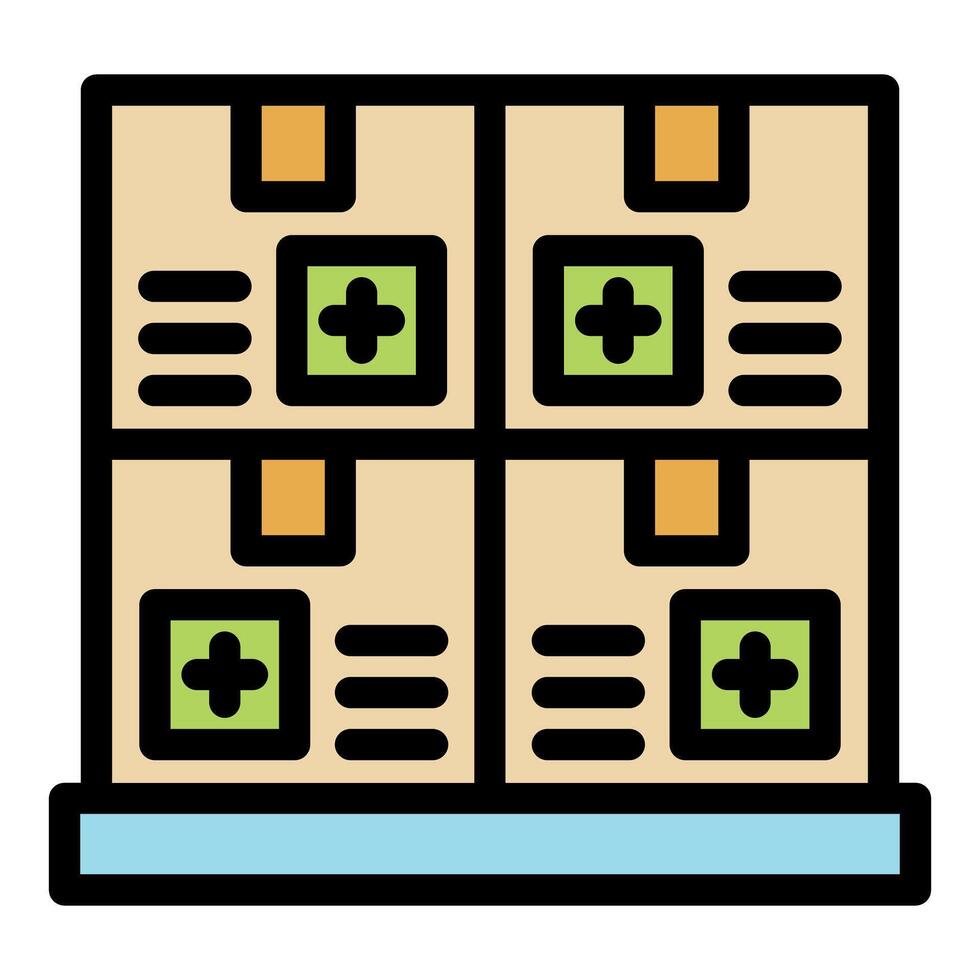 Stacked medical supplies boxes showing plus sign and shipping label information vector